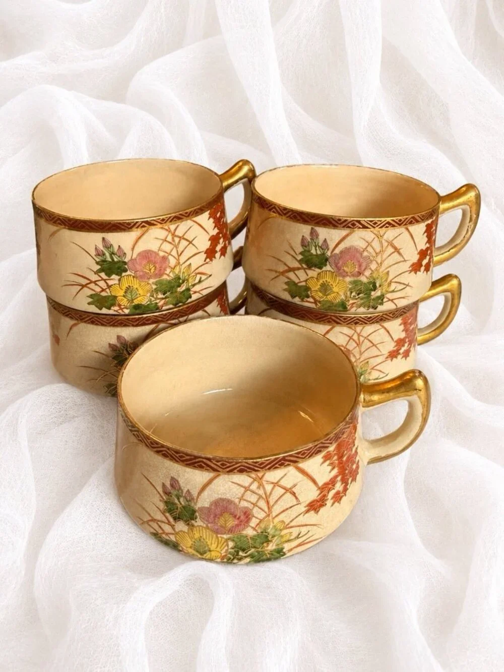 Vintage Kutani Japan Tea Set 13 Pc Autumn Maple Crackle Glaze Gold Trim Teapot